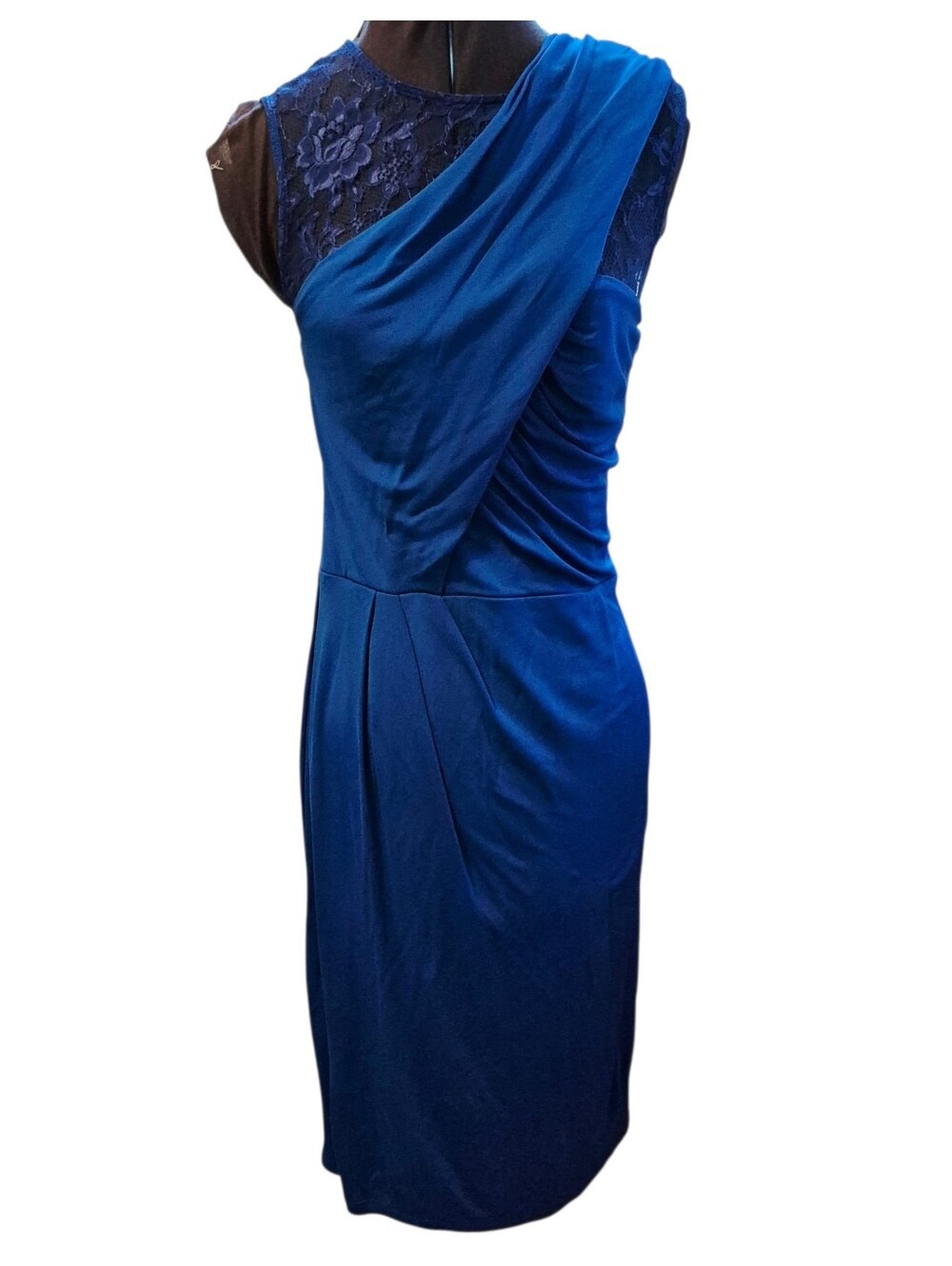David Meister Womens Size 10  Blue Cocktail Dress Lace One Shoulder Lined Formal